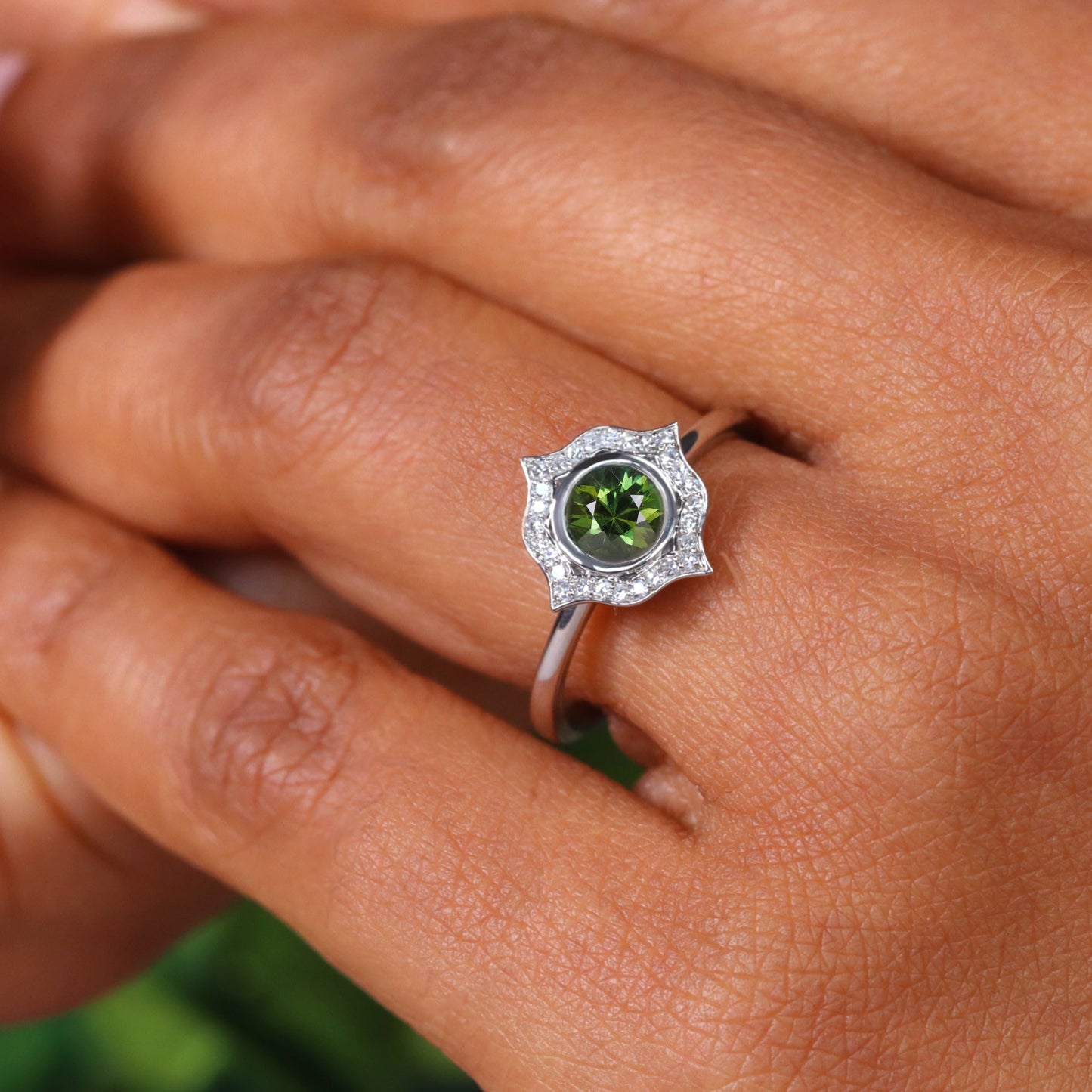 Green teal sapphire Art Deco platinum engagement ring