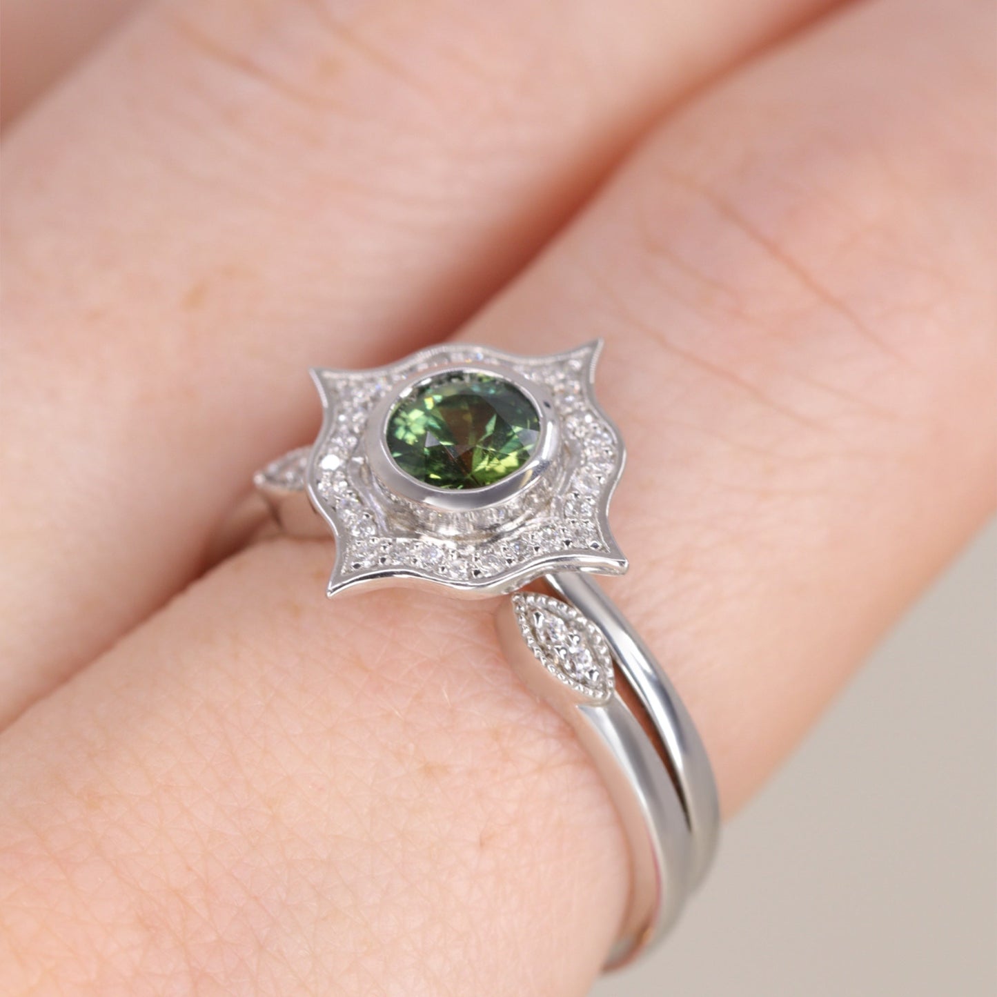 Green teal sapphire Art Deco platinum engagement ring