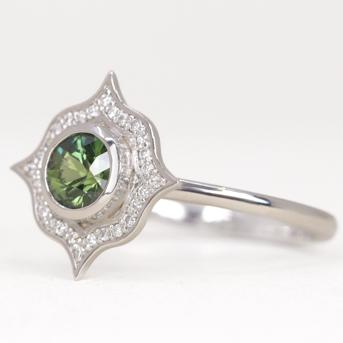 Green teal sapphire Art Deco platinum engagement ring