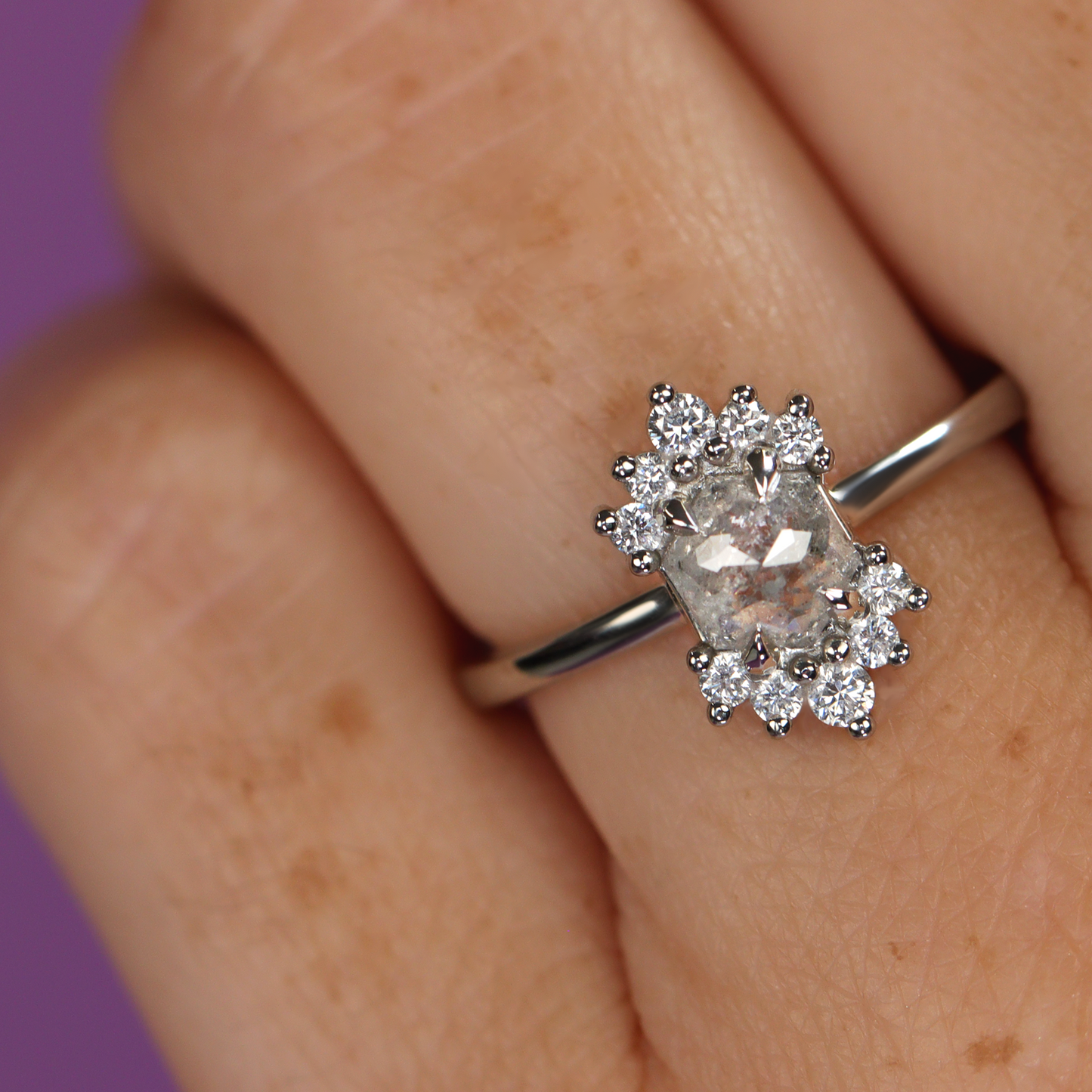 Unique hexagon cut salt and pepper diamond engagement ring with white diamonds