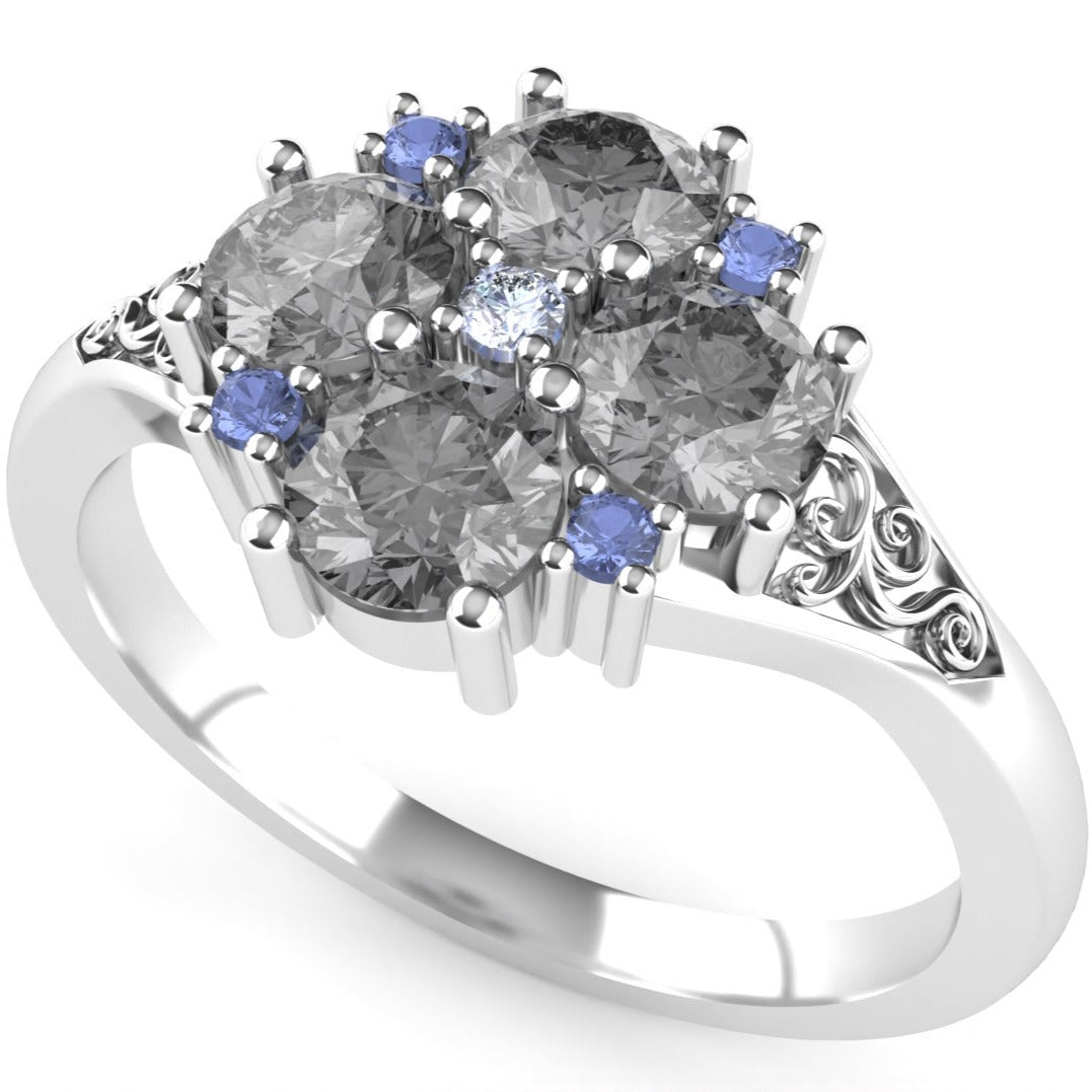 Bridgerton inspired engagement ring with salt and pepper diamonds and sapphires