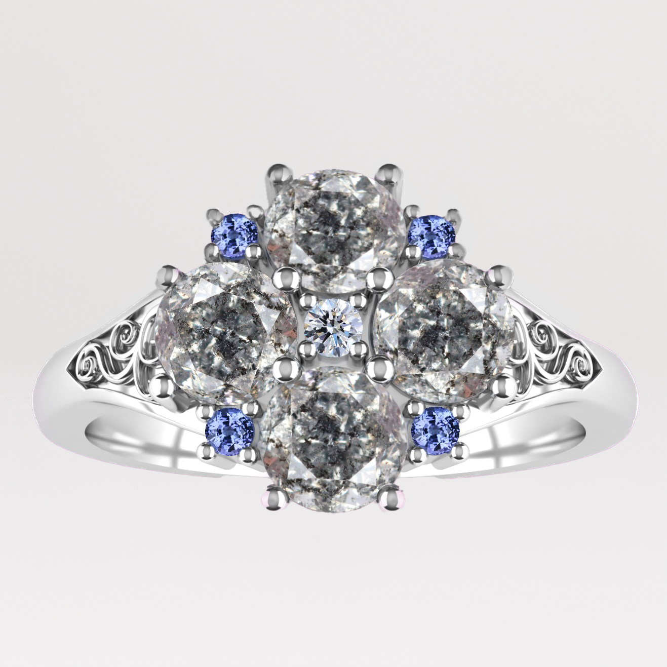 Bridgerton inspired engagement ring with salt and pepper diamonds and sapphires