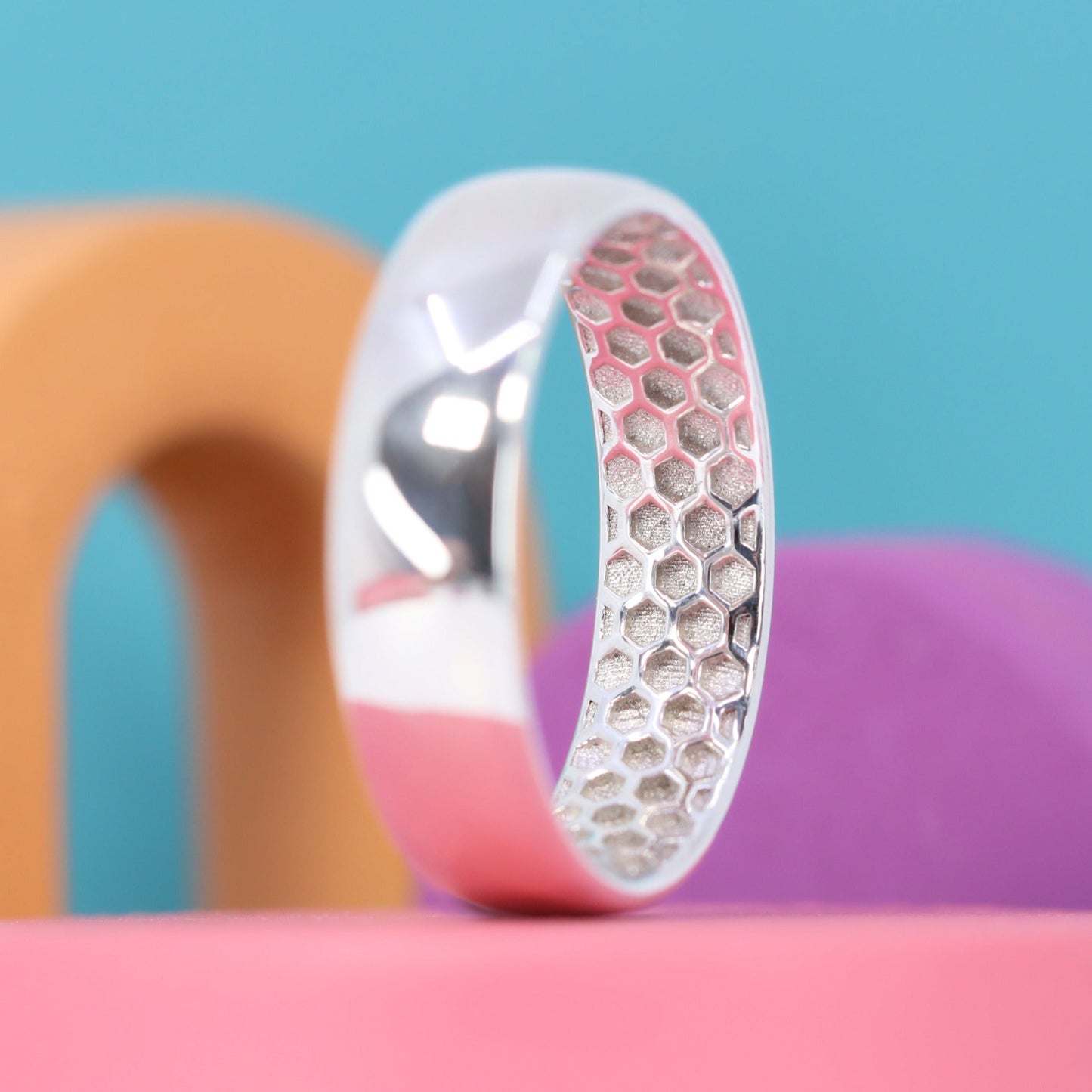 Unisex hidden honeycomb design wide unique wedding ring