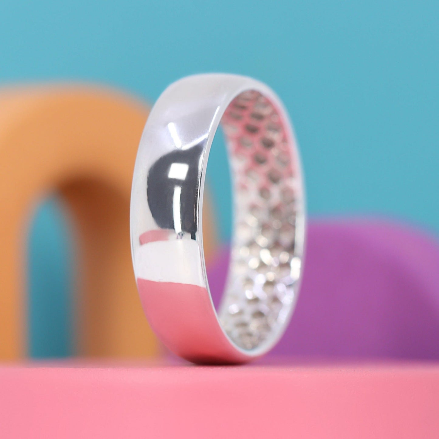 Wide court shape wedding ring and slim court shape wedding ring with hidden honeycomb design set