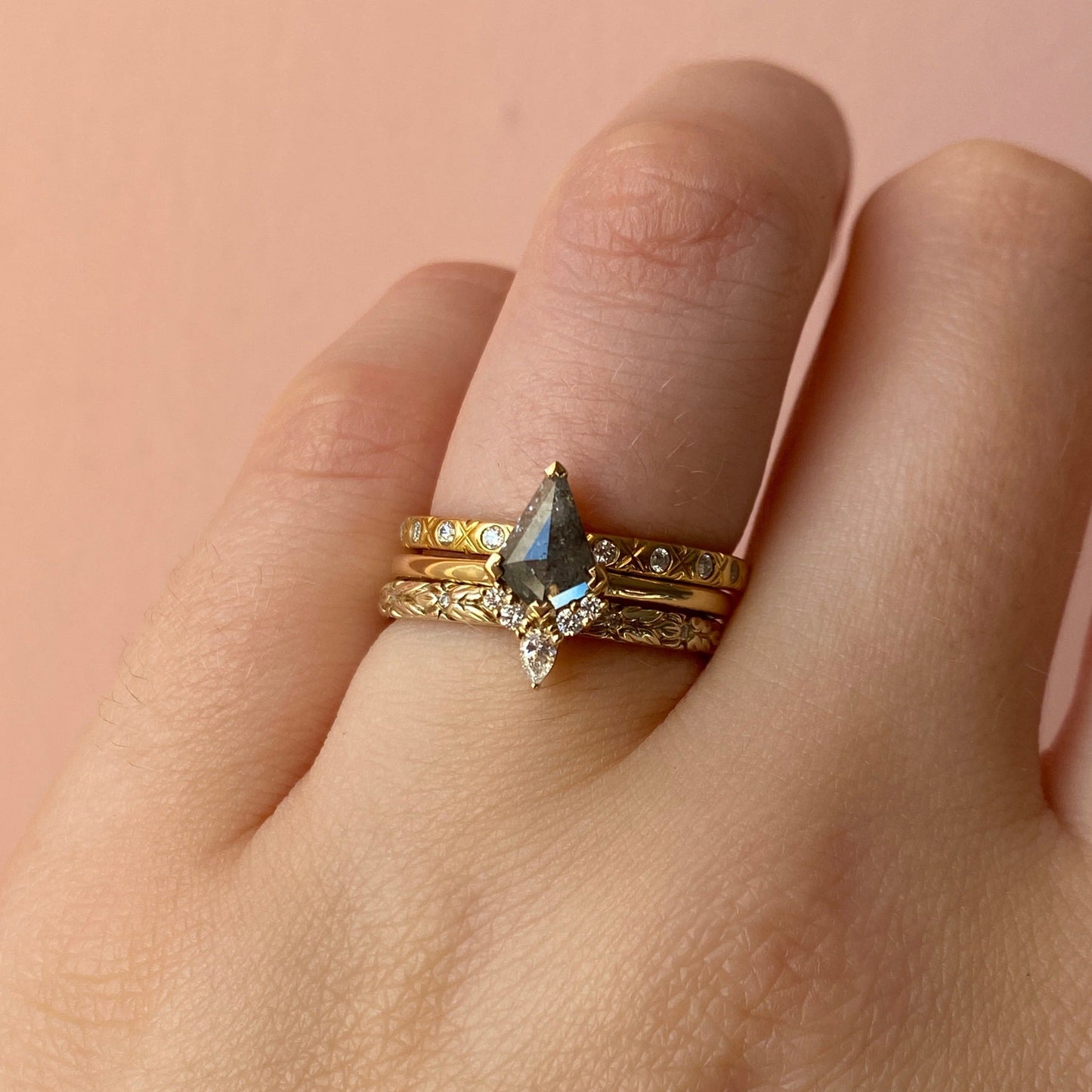 Unique salt and pepper diamond engagement ring with white diamonds