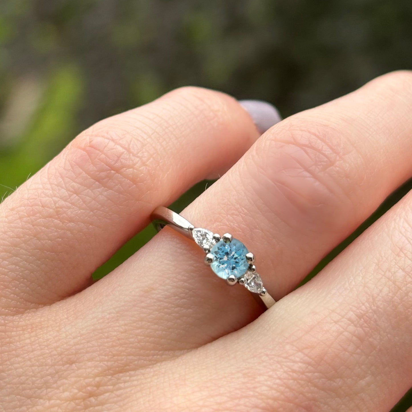 Aquamarine and lab grown diamond platinum engagement ring