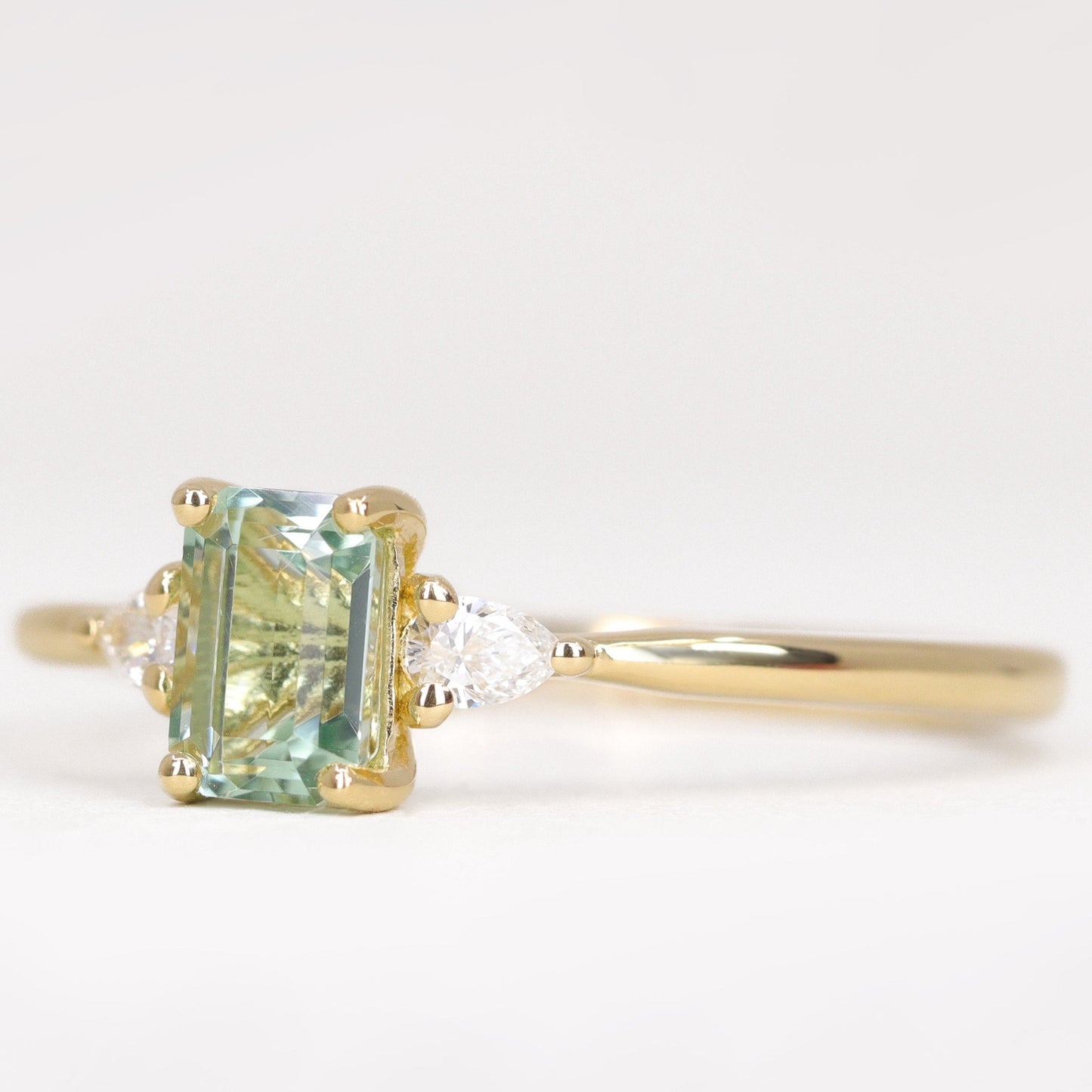 Green tourmaline lab grown diamond yellow gold ring
