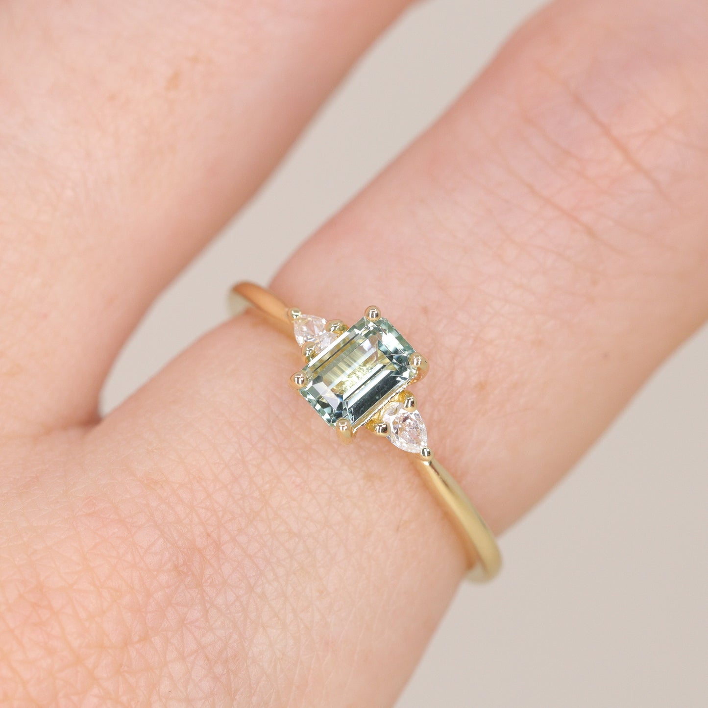 Green tourmaline lab grown diamond yellow gold ring