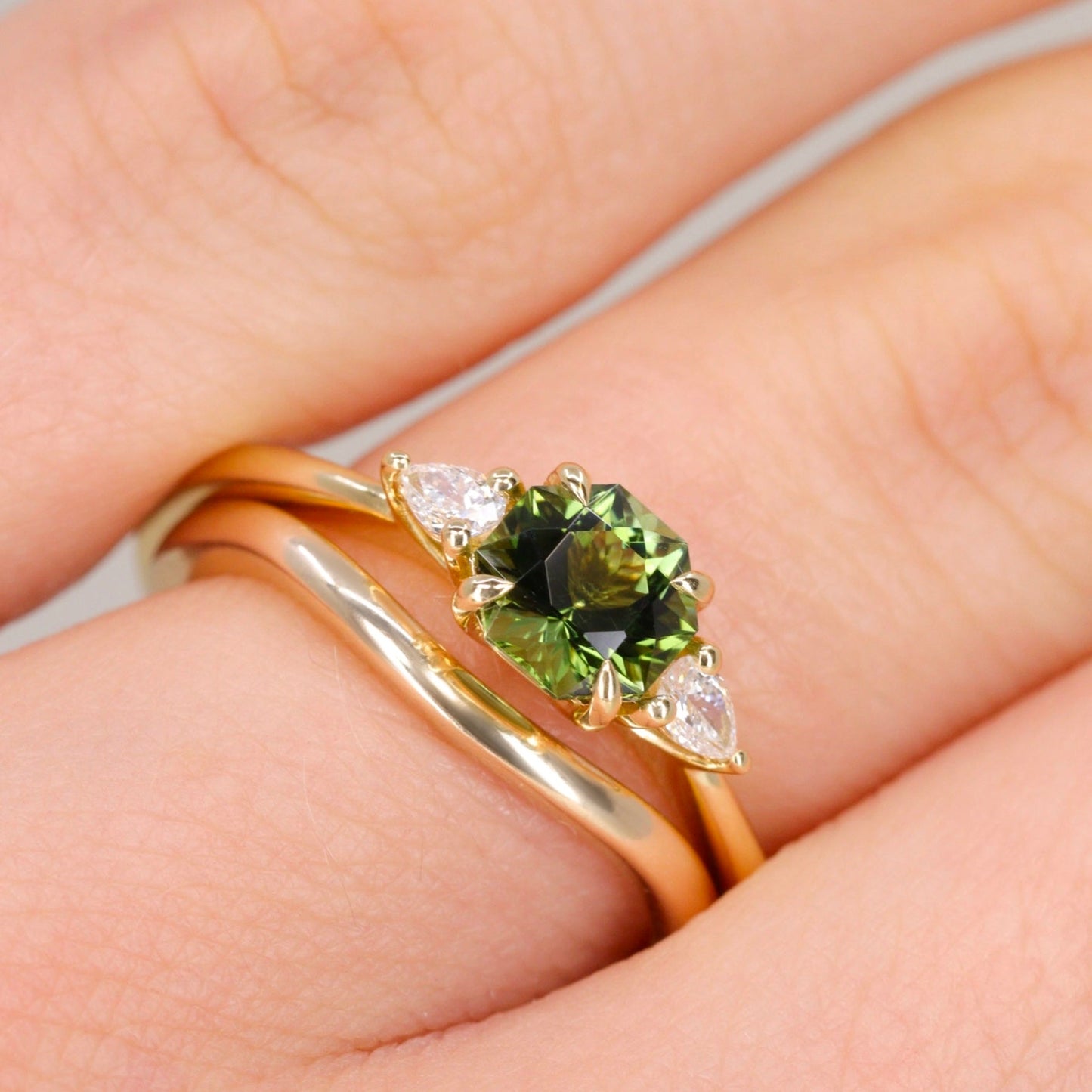 green tourmaline lab grown diamond engagement ring