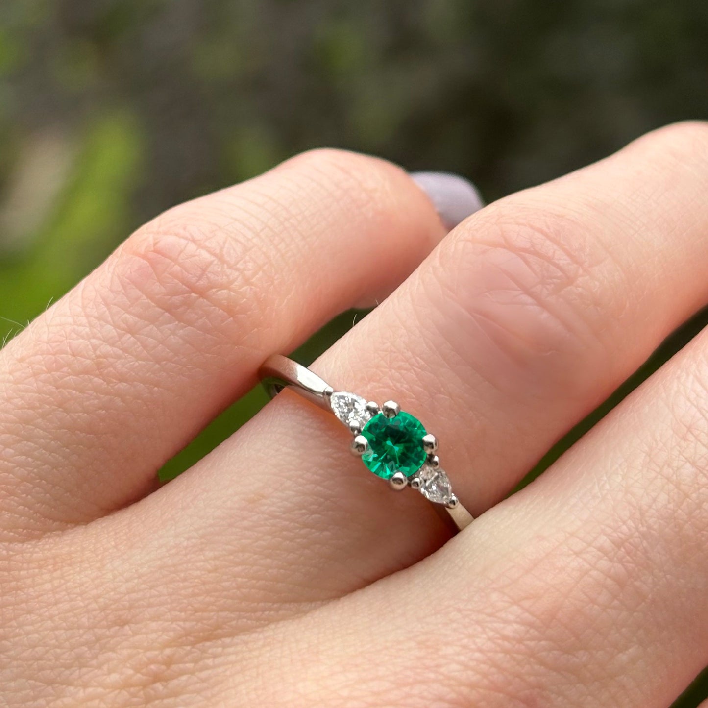 Elspeth emerald and lab grown diamond platinum engagement ring