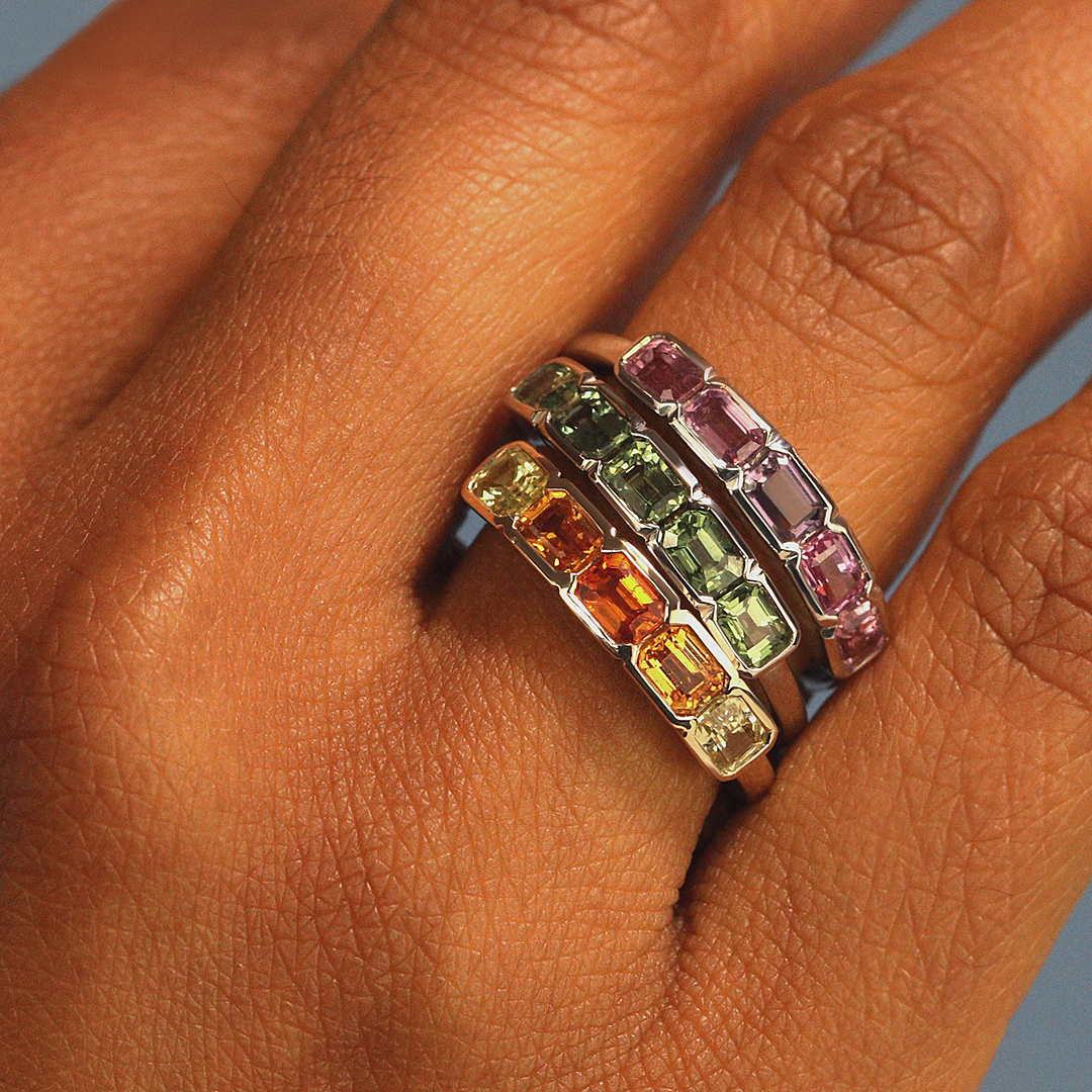 Half bezel rubover coloured sapphire eternity stacking ring