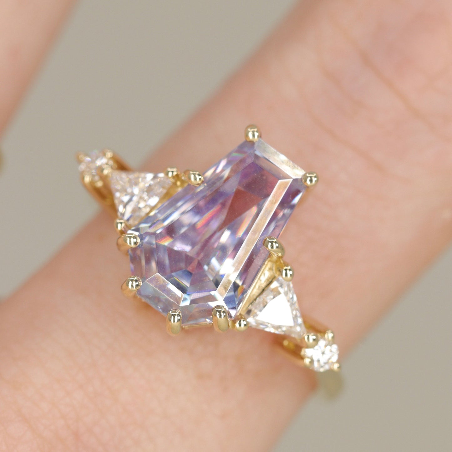 Gothic coffin cut gemstone engagement ring with diamond side stones