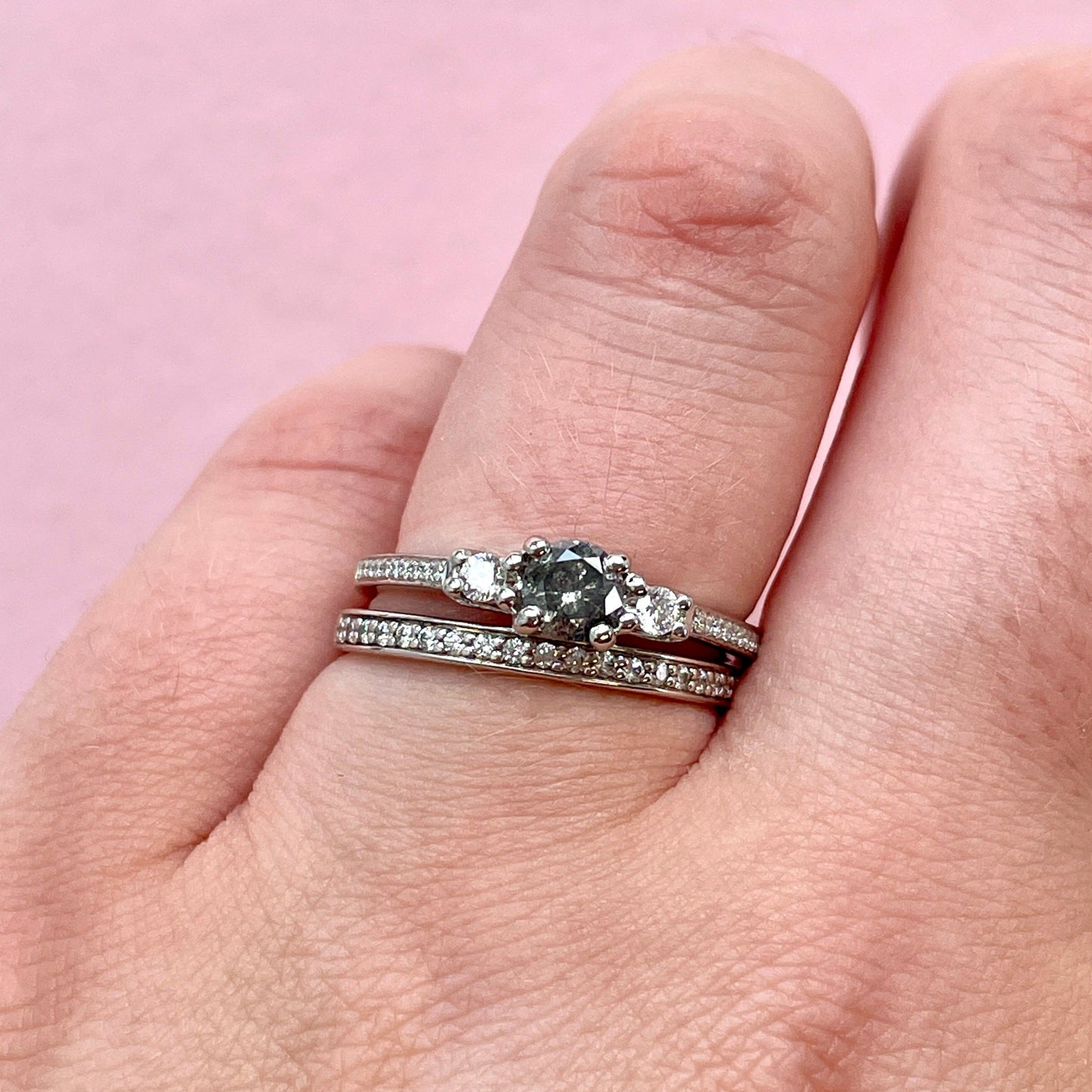 Salt and pepper diamond and white diamond engagement ring and diamond wedding ring set