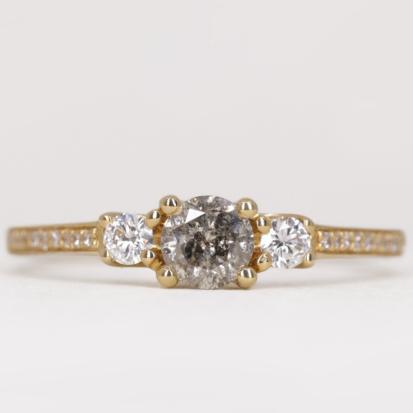 Round salt and pepper diamond and white diamond trilogy engagement ring with pave band